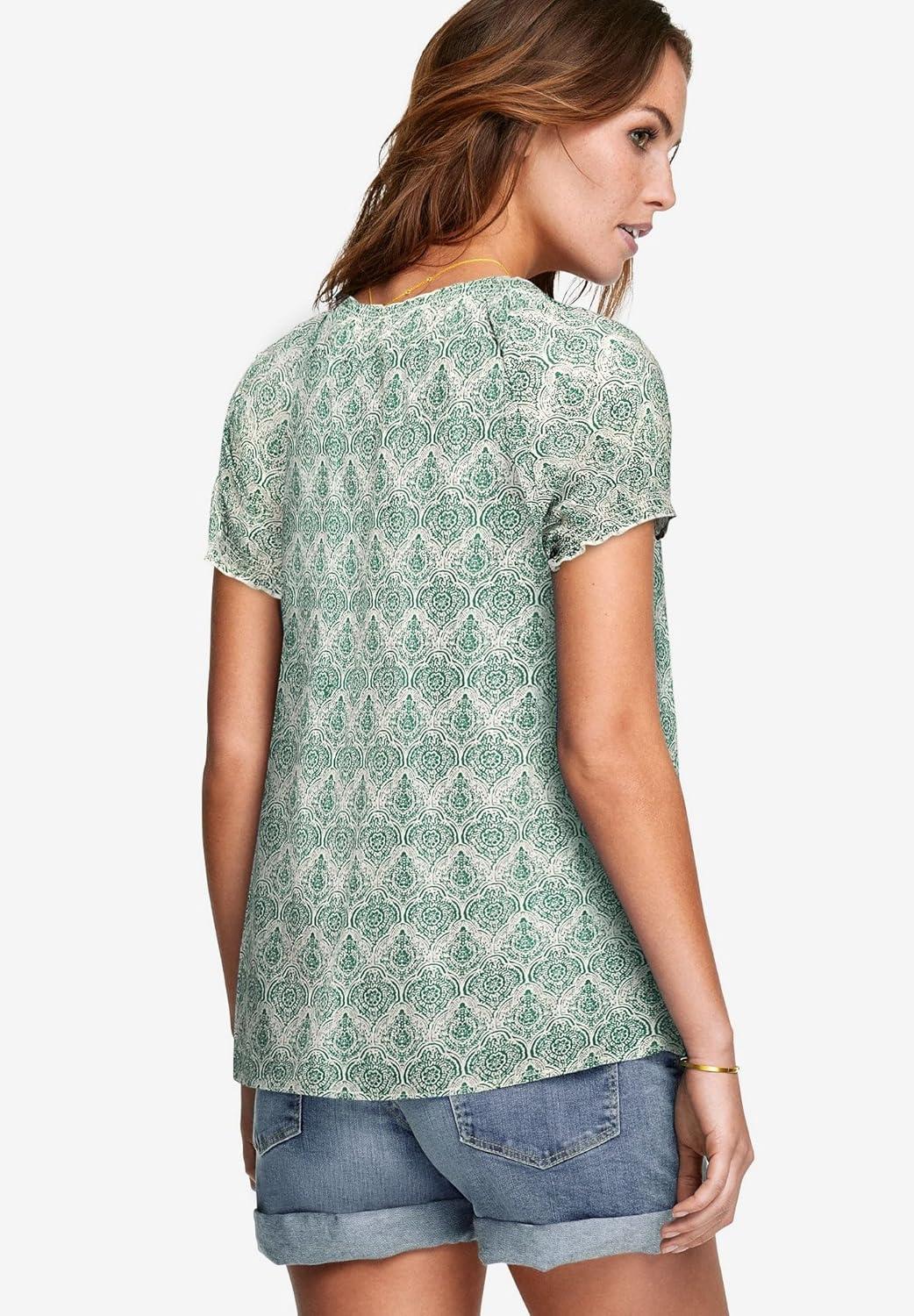 image:imageellos Plus Size ALine Scoop Neck Ruffle Trim 100 Cotton Cambric Peasant BlouseTropical Green Medallion