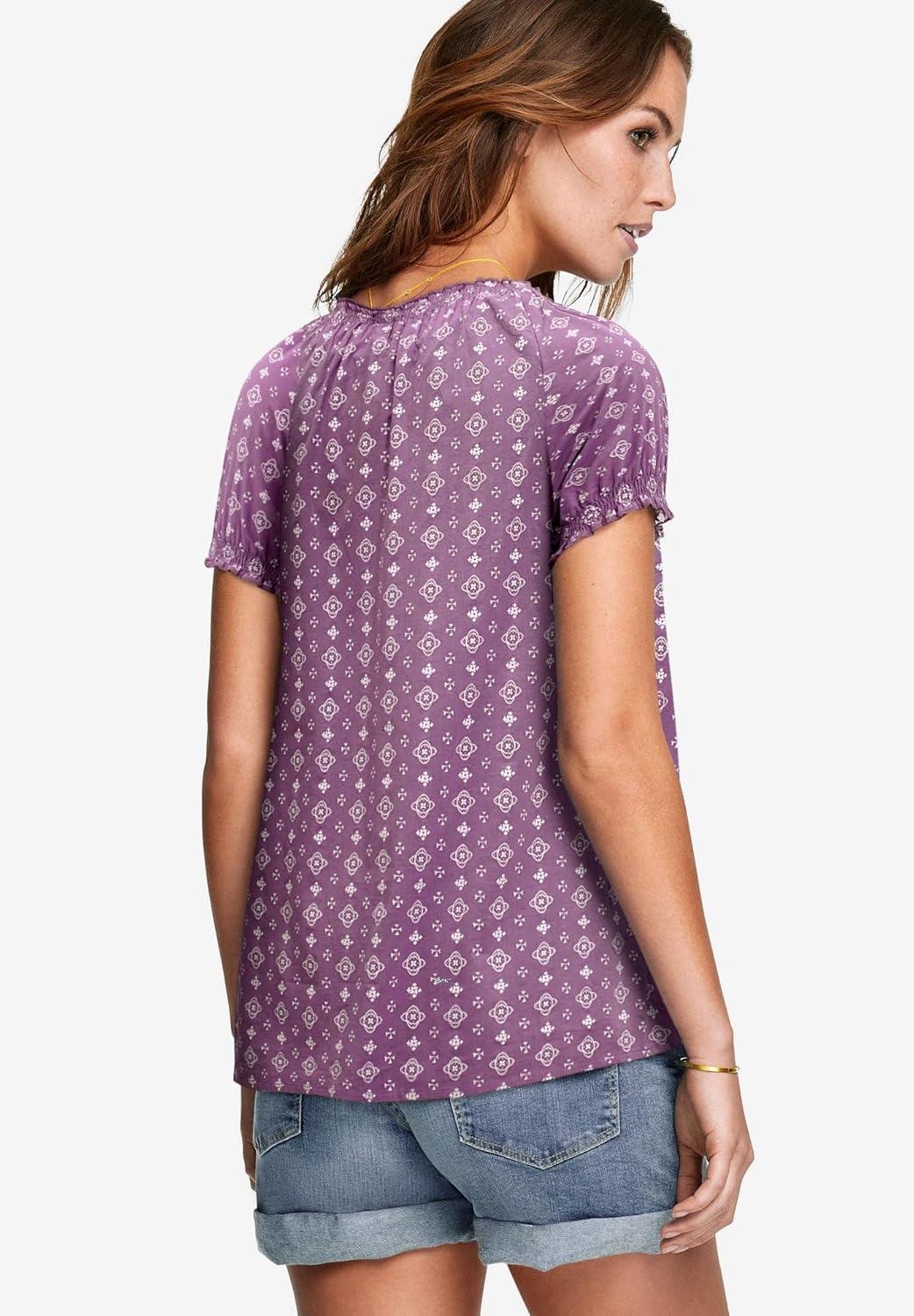 image:imageellos Plus Size ALine Scoop Neck Ruffle Trim 100 Cotton Cambric Peasant BlouseViolet Haze White Print