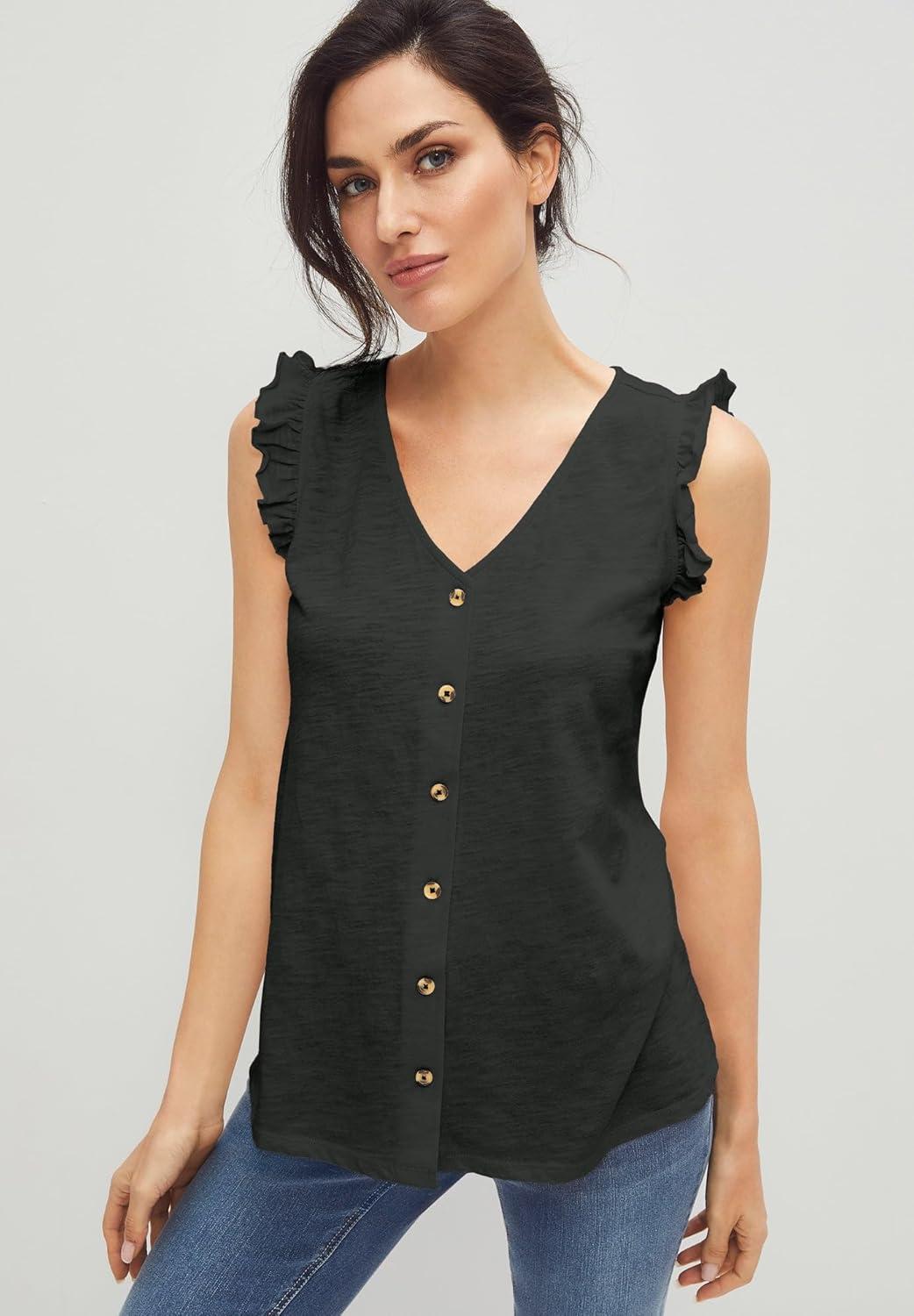 image:imageellos Plus Size ButtonFront Ruffle Sleeve TankBlue Fog