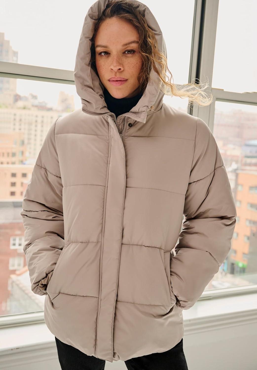 image:imageellos Plus Size Hooded Drawstring PufferTaupe Grey