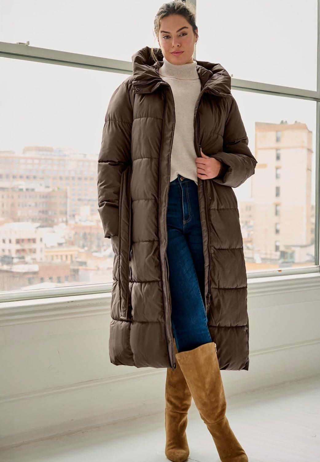 image:imageellos Plus Size Long Belted Puffer With HoodChocolate