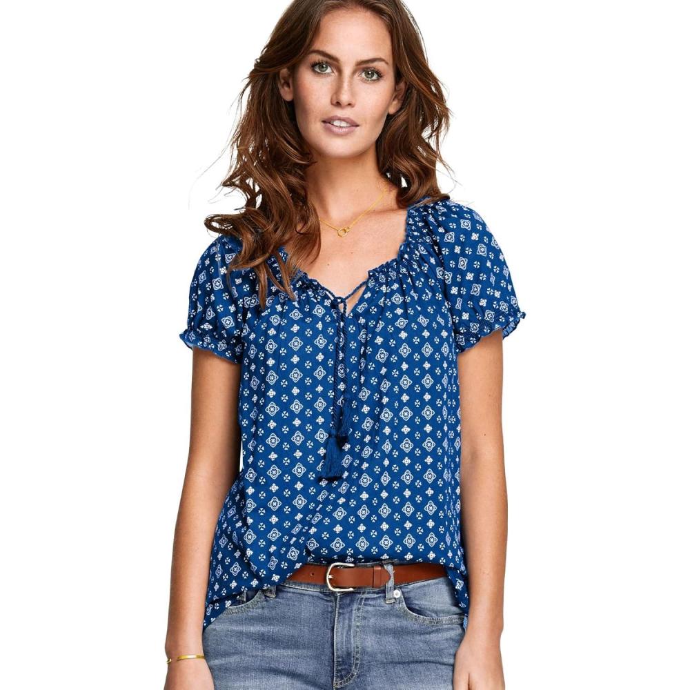 image:imageellos Plus Size ALine Scoop Neck Ruffle Trim 100 Cotton Cambric Peasant BlouseDark Sapphire White Print
