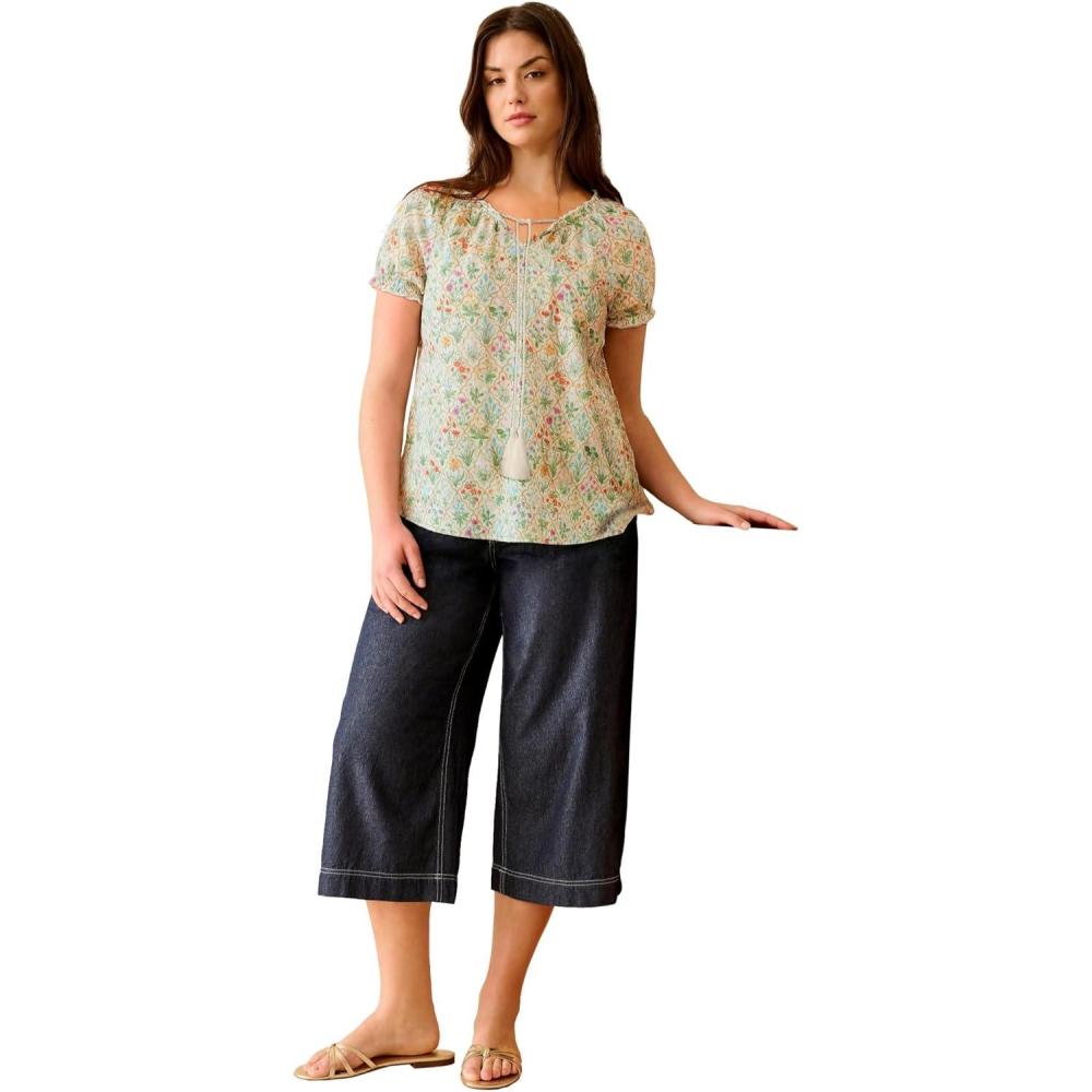 image:imageellos Plus Size ALine Scoop Neck Ruffle Trim 100 Cotton Cambric Peasant BlouseIvory Garden Floral