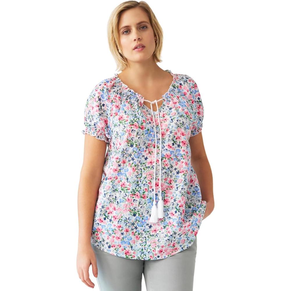 image:imageellos Plus Size ALine Scoop Neck Ruffle Trim 100 Cotton Cambric Peasant BlouseMulti Ditsy Floral