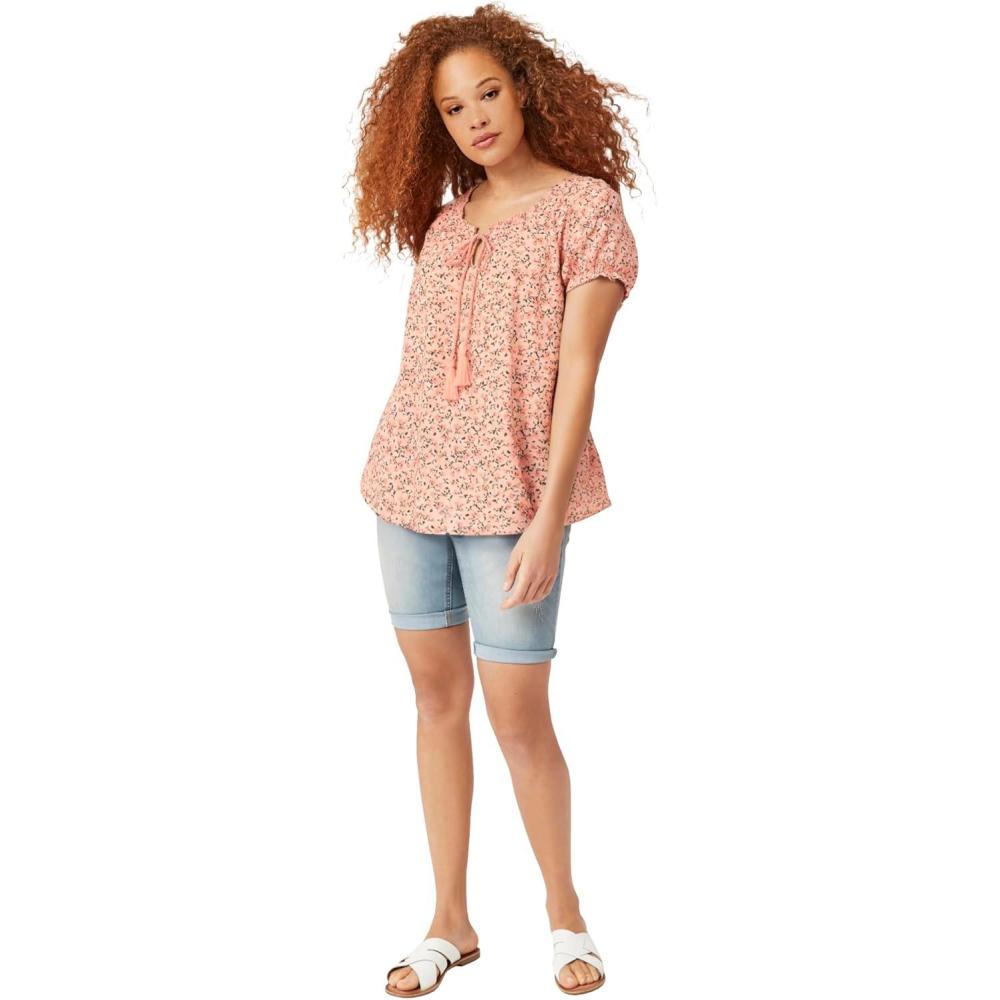 image:imageellos Plus Size ALine Scoop Neck Ruffle Trim 100 Cotton Cambric Peasant BlousePeach Bud Floral