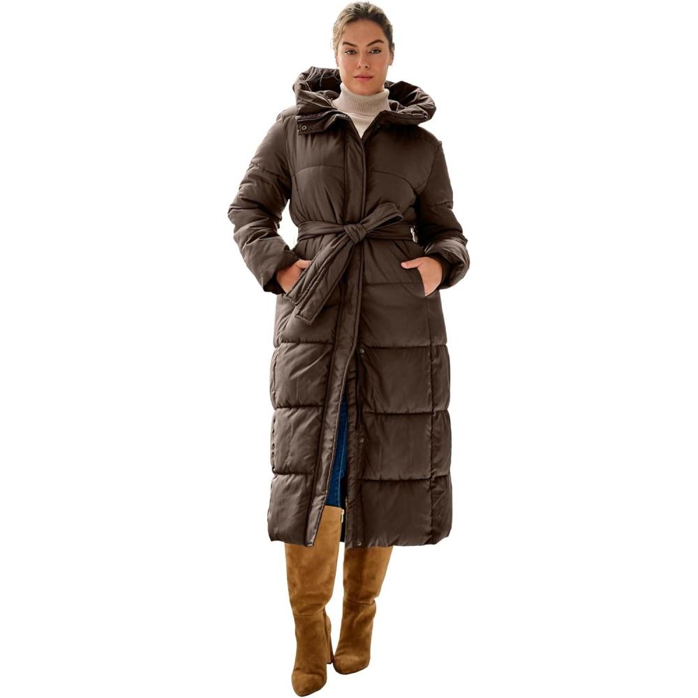 image:imageellos Plus Size Long Belted Puffer With HoodChocolate