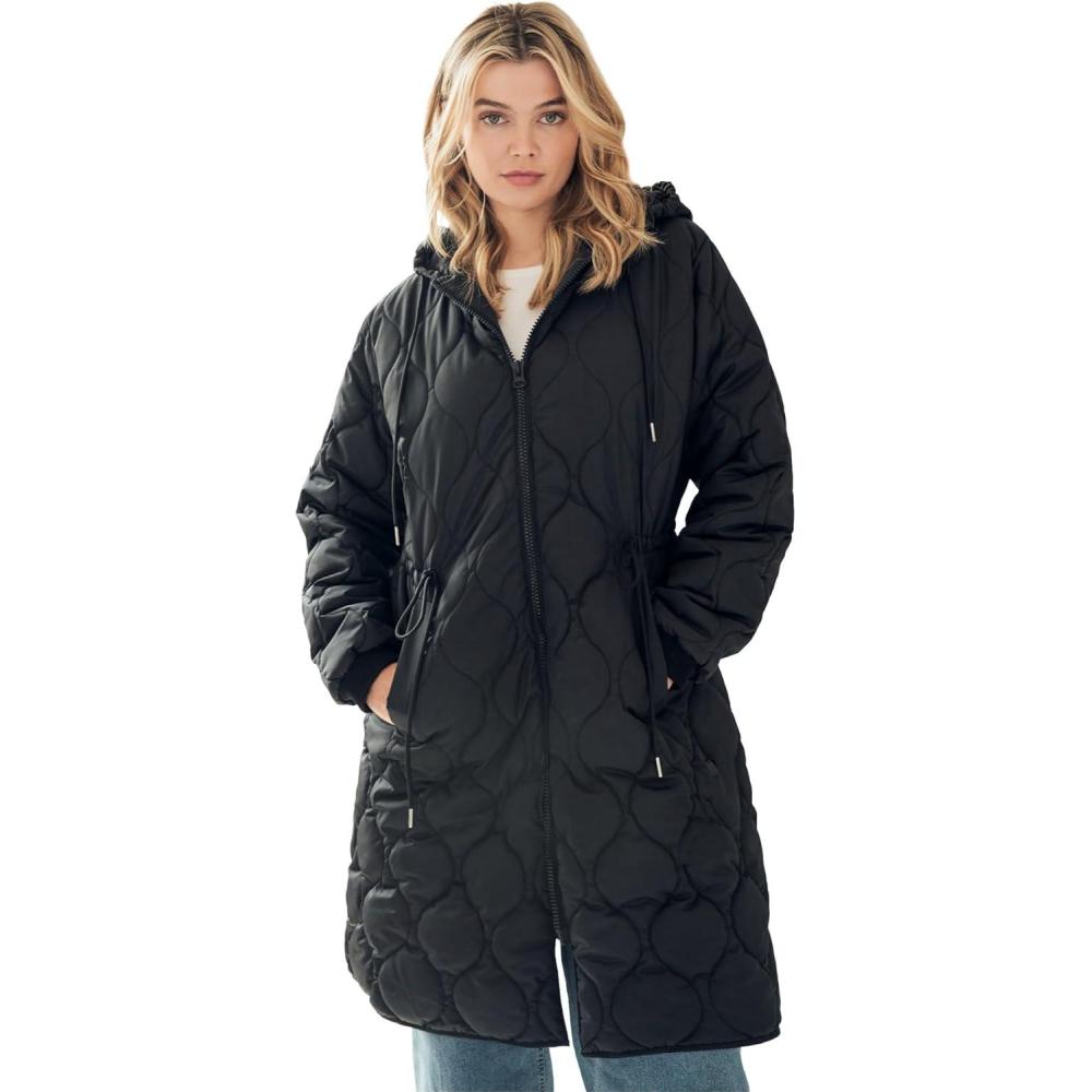 image:imageellos Plus Size Long Quilted Jacket with Drawstring WaistBlack