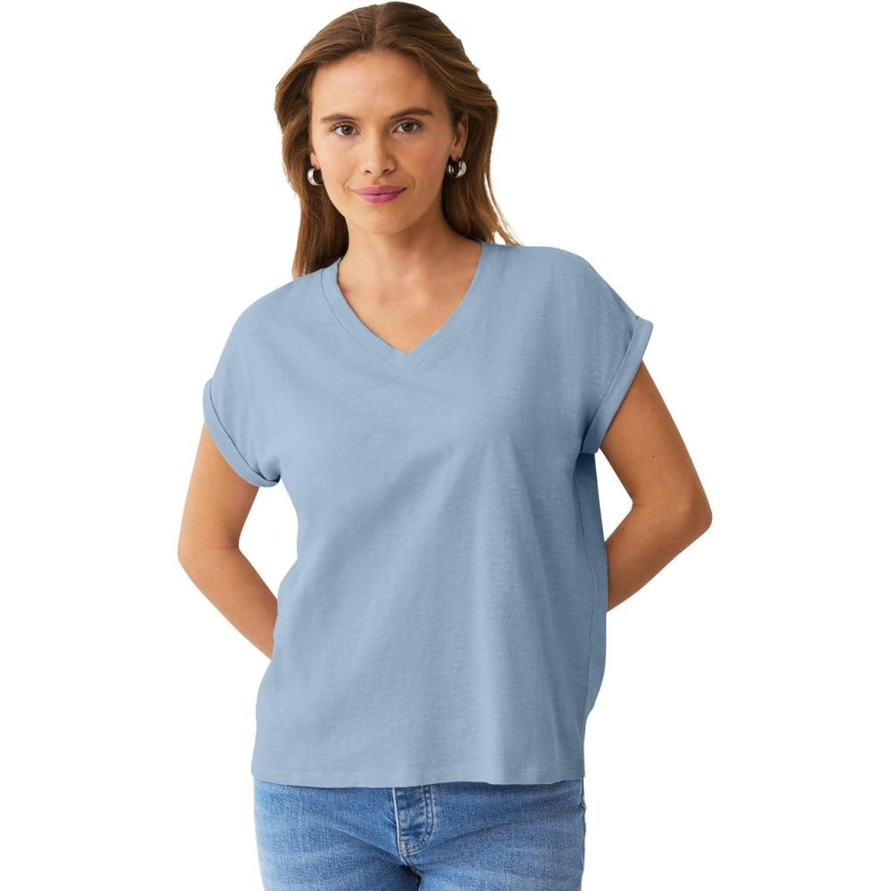 image:imageellos Plus Size VNeck Tee with Rolled CuffsBlue Fog