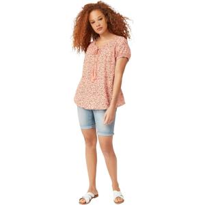 ellos Plus Size A-Line Scoop Neck Ruffle Trim 100% Cotton Cambric Peasant Blouse(Peach Bud Floral)