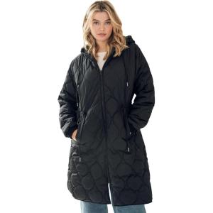 ellos Plus Size Long Quilted Jacket with Drawstring Waist(Black)