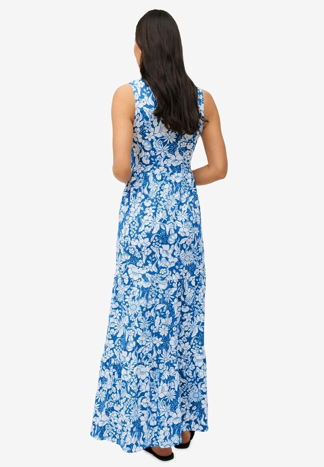 image:imageellos Plus Size Stretch Knit Scoop Neck Sleeveless Tiered Maxi DressDream Blue White Floral
