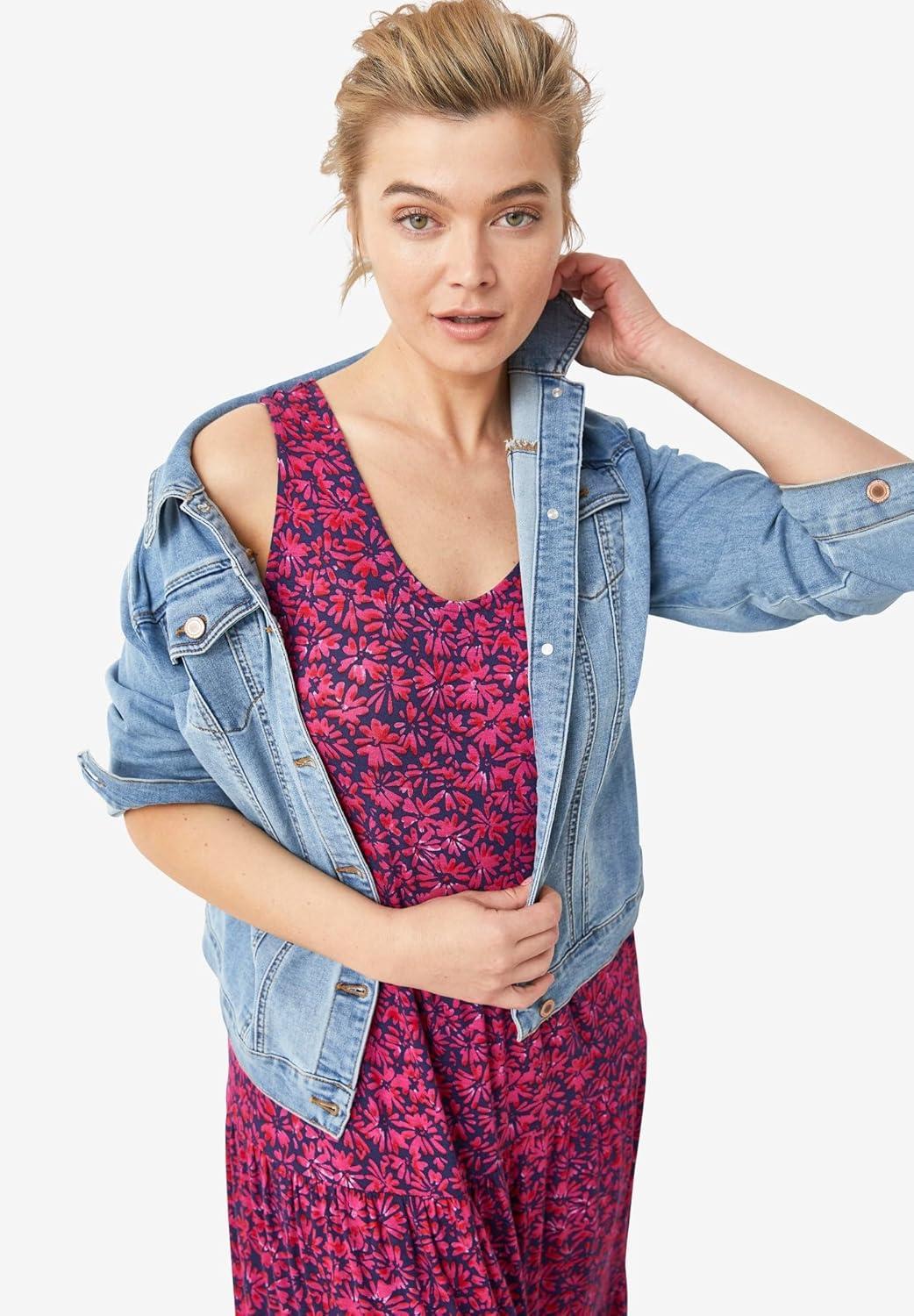 image:imageellos Plus Size Stretch Knit Scoop Neck Sleeveless Tiered Maxi DressNavy Floral Print