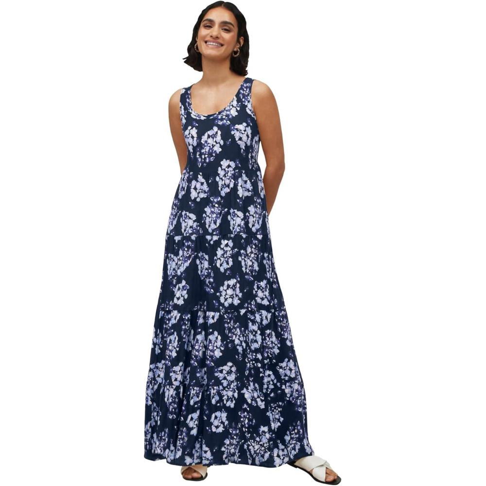 image:imageellos Plus Size Stretch Knit Scoop Neck Sleeveless Tiered Maxi DressNavy Floral Print