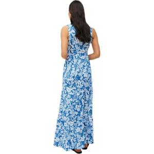 ellos Plus Size Stretch Knit Scoop Neck Sleeveless Tiered Maxi Dress(Dream Blue White Floral)