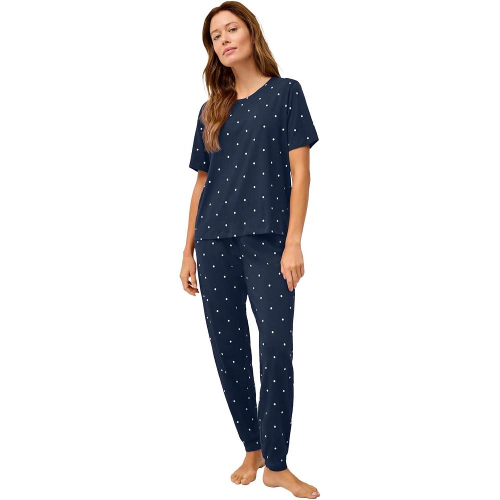 image:imageellos Plus Size Cotton Spandex Vneck Short Sleeve Tee And Pull On Shorts Sleep SetNavy Dot