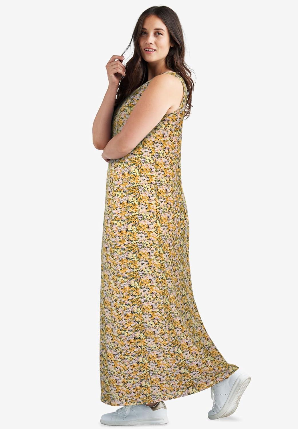 image:imageellos Plus Size Cotton Spandex Scoop Neck Sleeveless ALine Maxi DressButter Lilac Ditsy Floral