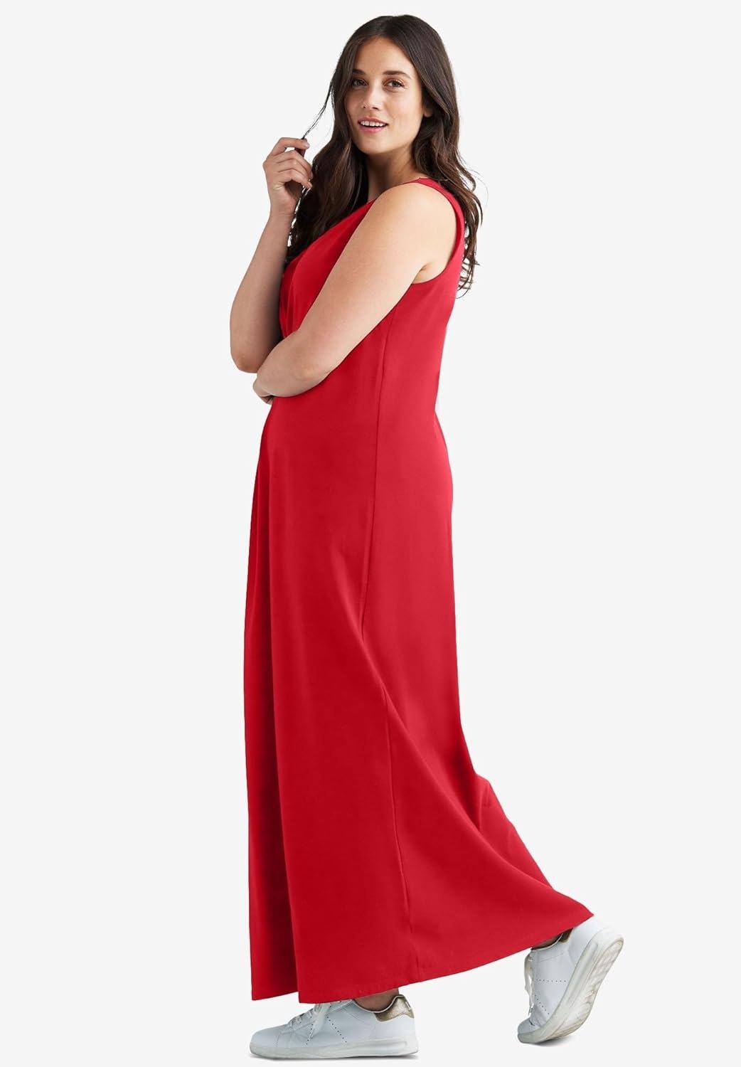 image:imageellos Plus Size Cotton Spandex Scoop Neck Sleeveless ALine Maxi DressChili Red