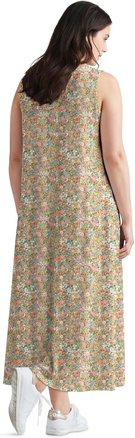 image:imageellos Plus Size Cotton Spandex Scoop Neck Sleeveless ALine Maxi DressGrey Spruce Ditsy Floral
