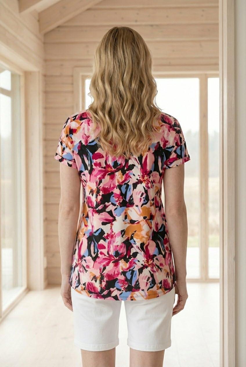image:imageellos Plus Size Stretch Knit VNeck Short Sleeve Inverted Pleat TunicMulti Abstract Floral