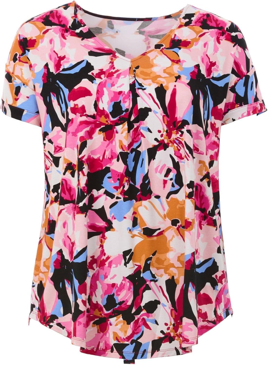image:imageellos Plus Size Stretch Knit VNeck Short Sleeve Inverted Pleat TunicMulti Abstract Floral