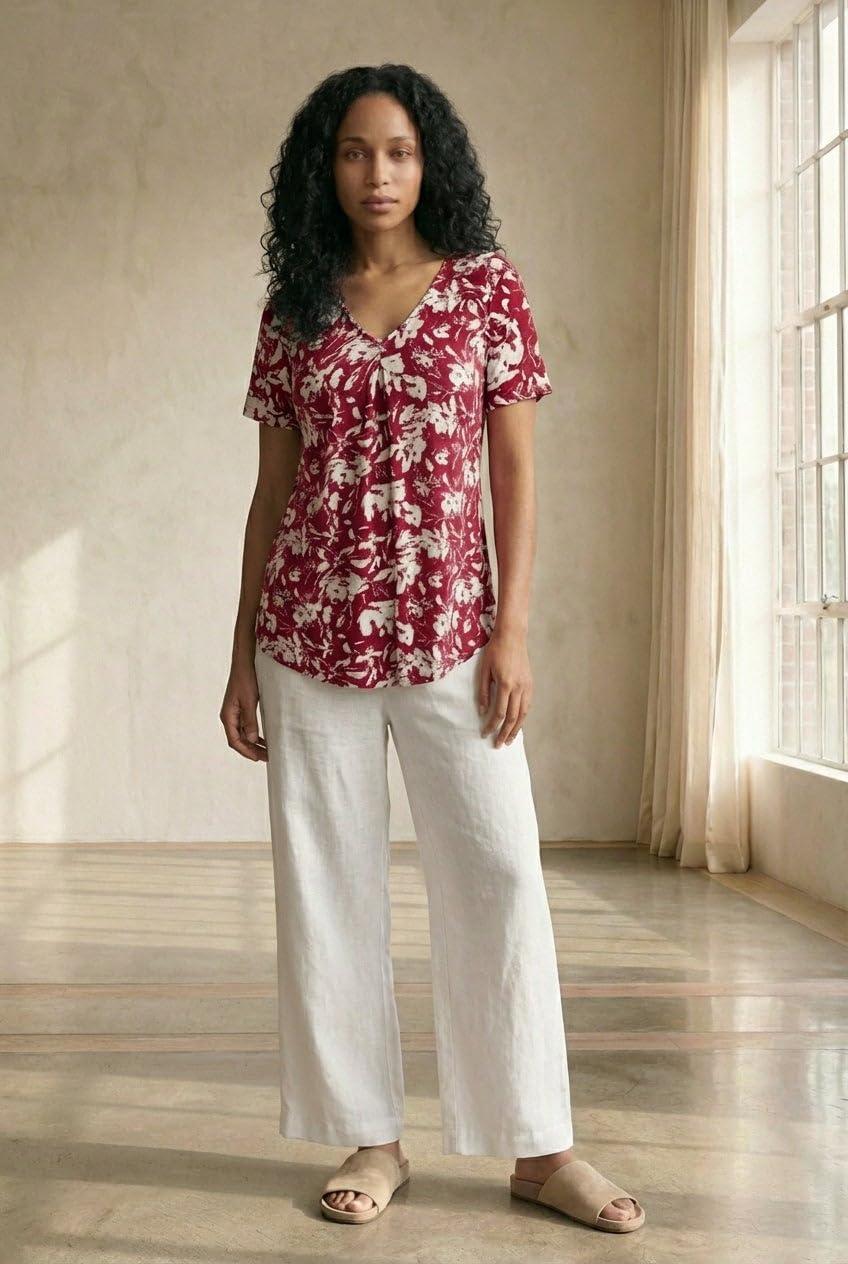 image:imageellos Plus Size Stretch Knit VNeck Short Sleeve Inverted Pleat TunicMulti Abstract Floral