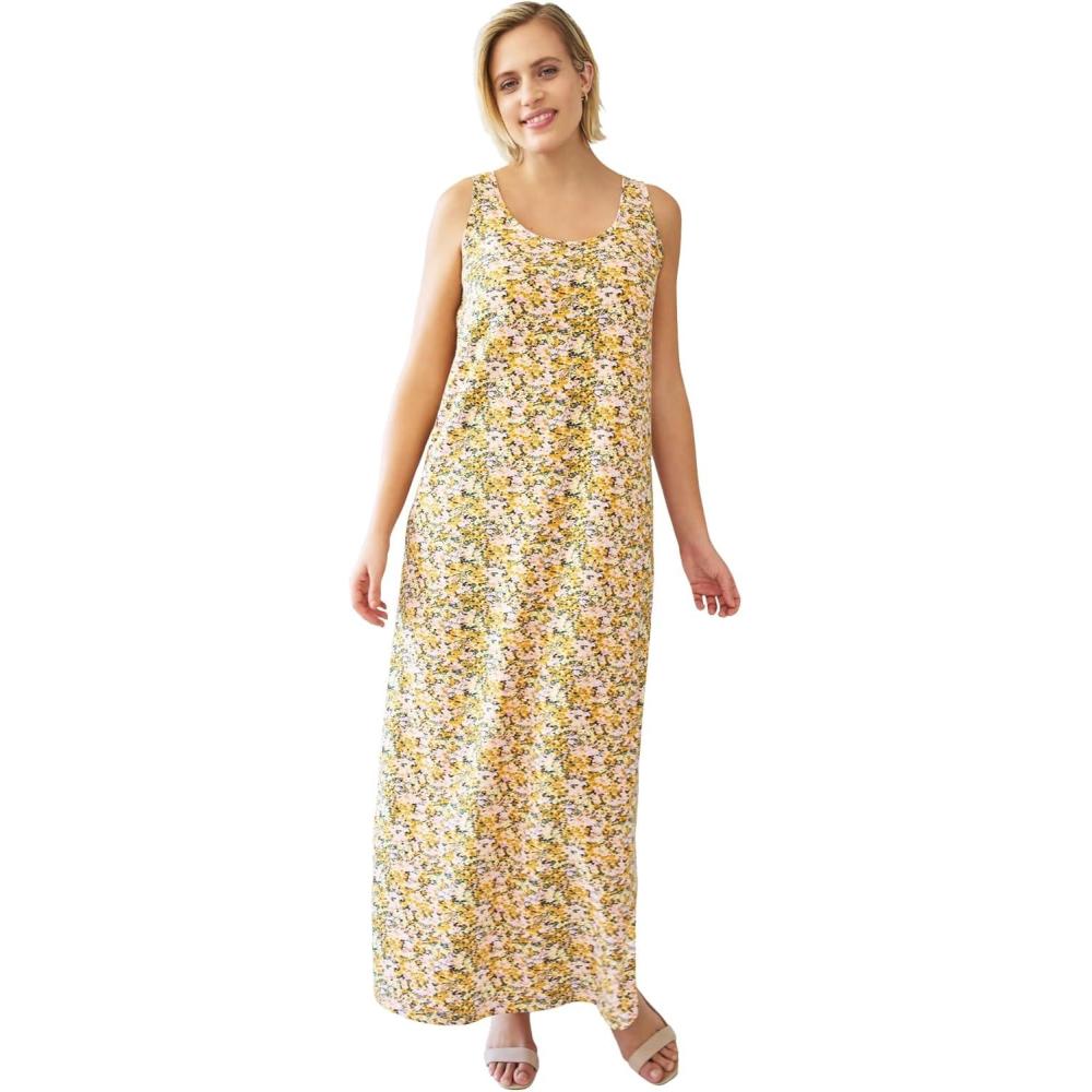 image:imageellos Plus Size Cotton Spandex Scoop Neck Sleeveless ALine Maxi DressButter Lilac Ditsy Floral