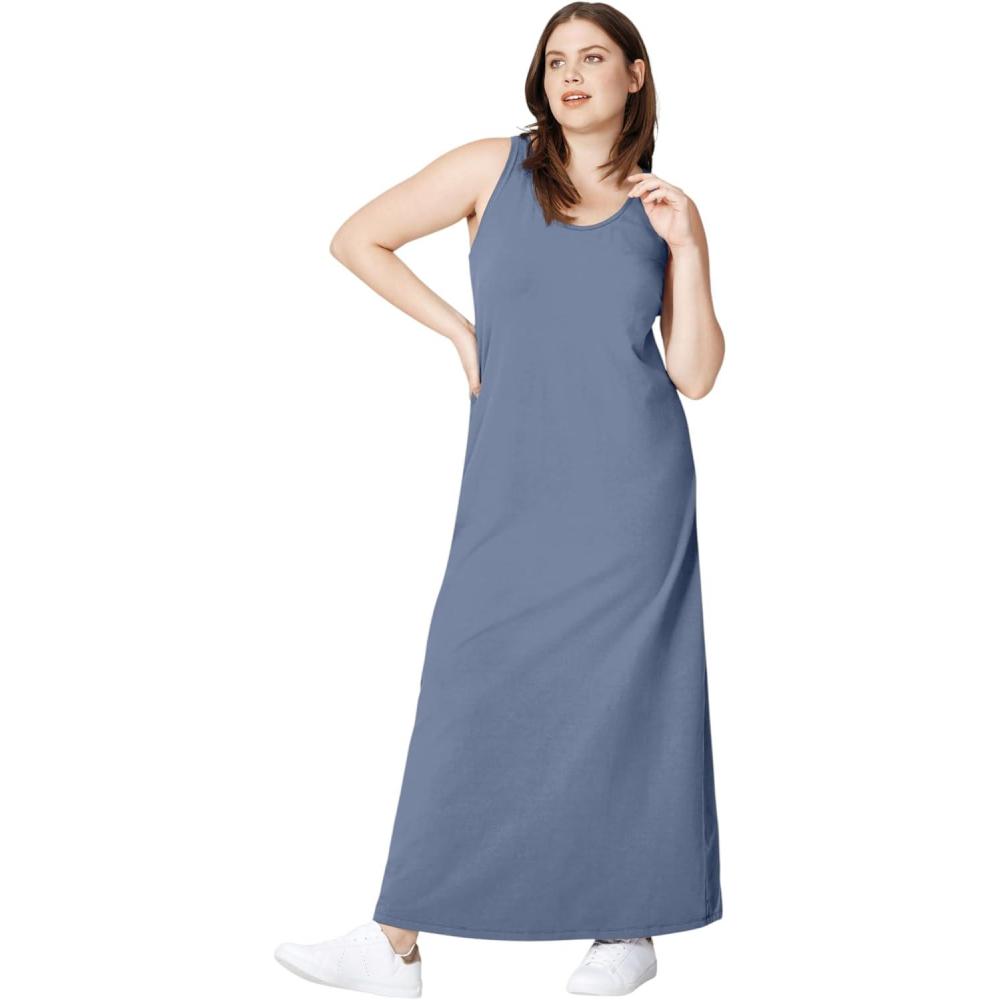image:imageellos Plus Size Cotton Spandex Scoop Neck Sleeveless ALine Maxi DressPale Indigo