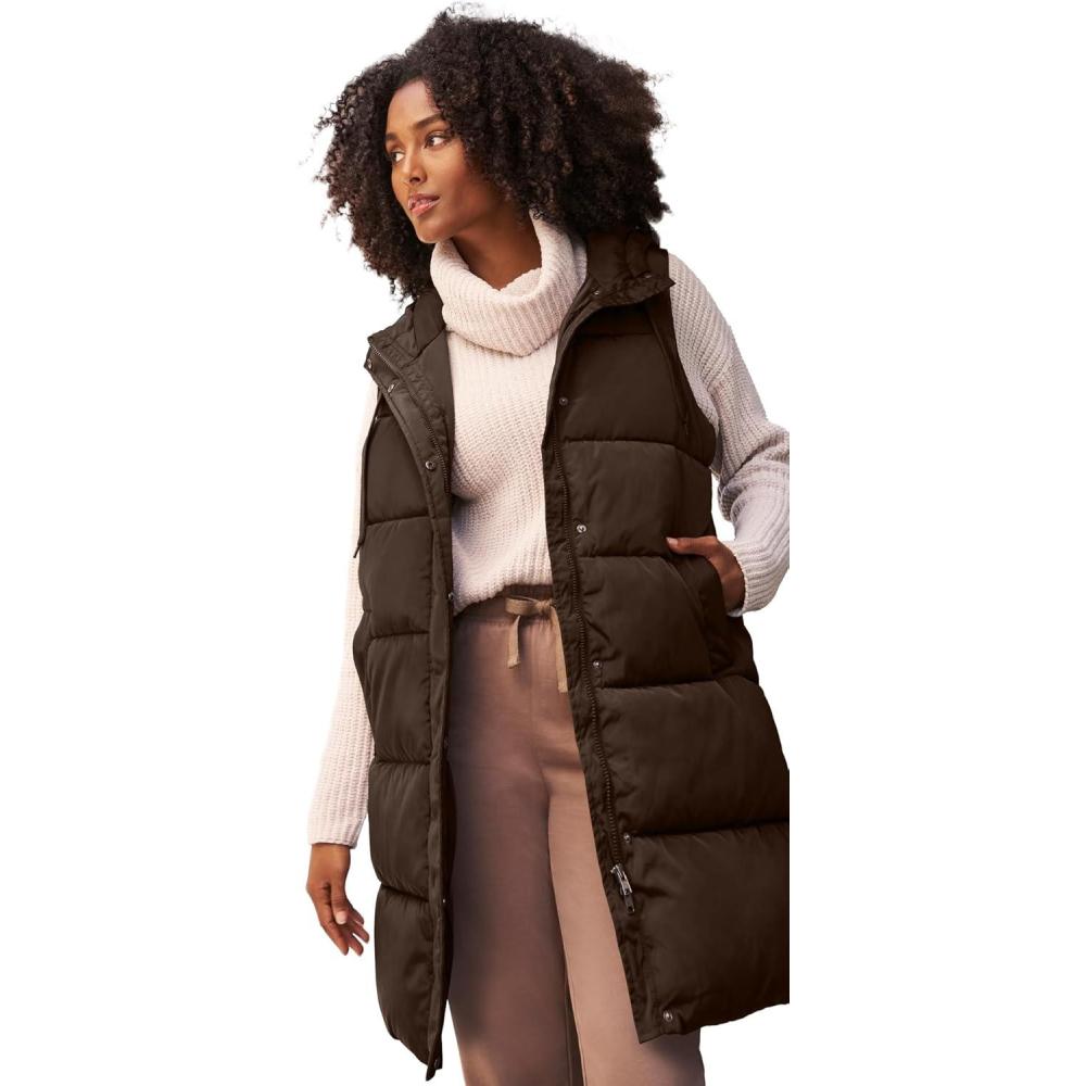 image:imageellos Plus Size Long Hooded Puffer VestChocolate