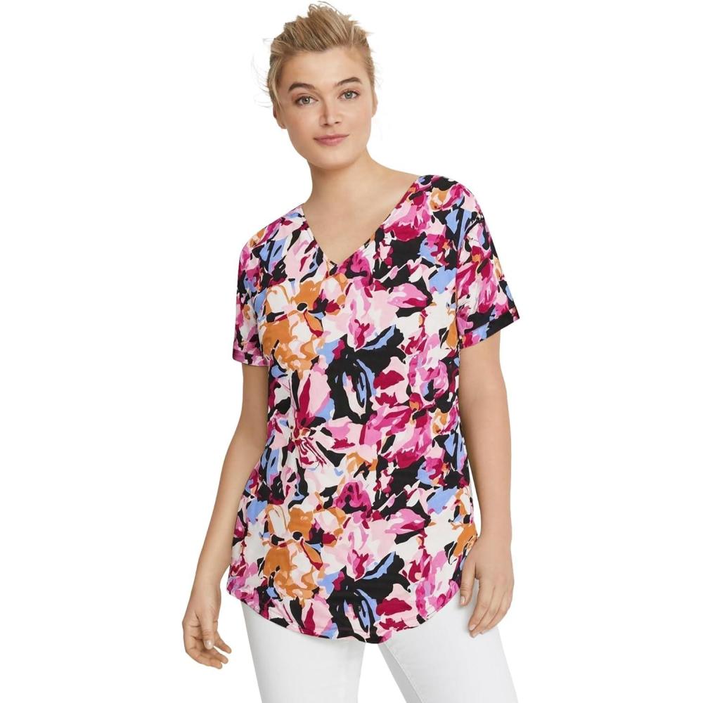 image:imageellos Plus Size Stretch Knit VNeck Short Sleeve Inverted Pleat TunicMulti Abstract Floral