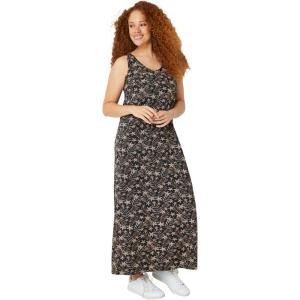 ellos Plus Size Cotton Spandex Scoop Neck Sleeveless A-Line Maxi Dress(Black Tan Fern Print)