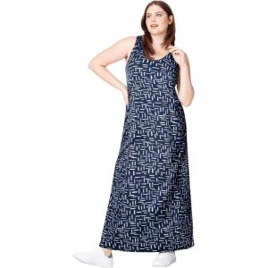 ellos Plus Size Cotton Spandex Scoop Neck Sleeveless A-Line Maxi Dress(Navy Print)