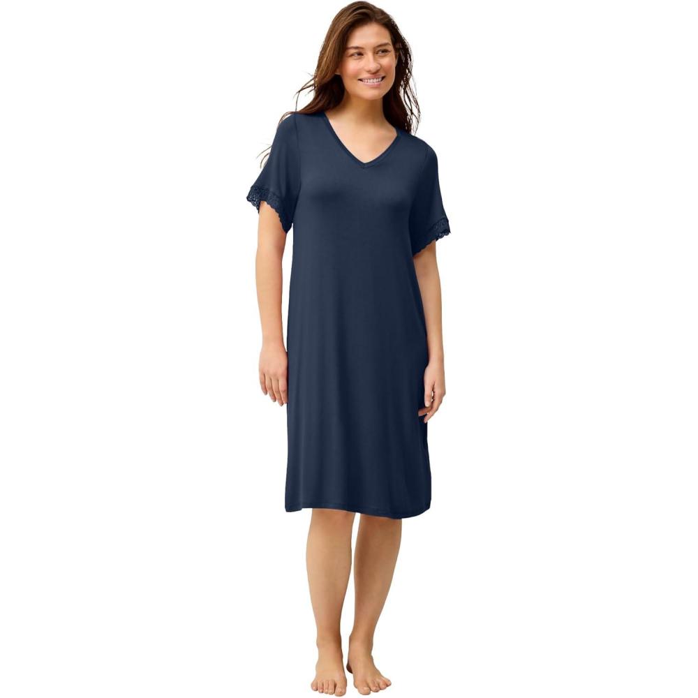 image:imageellos Plus Size Stretch Knit VNeck Short Sleeve Lace Trim Sleep ShirtNavy