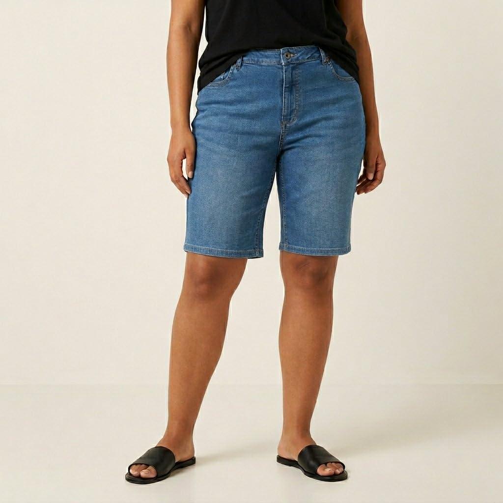 image:imageellos Plus Size MidRise Stretch Denim Bermuda ShortsLight Blue Sanded Distressed
