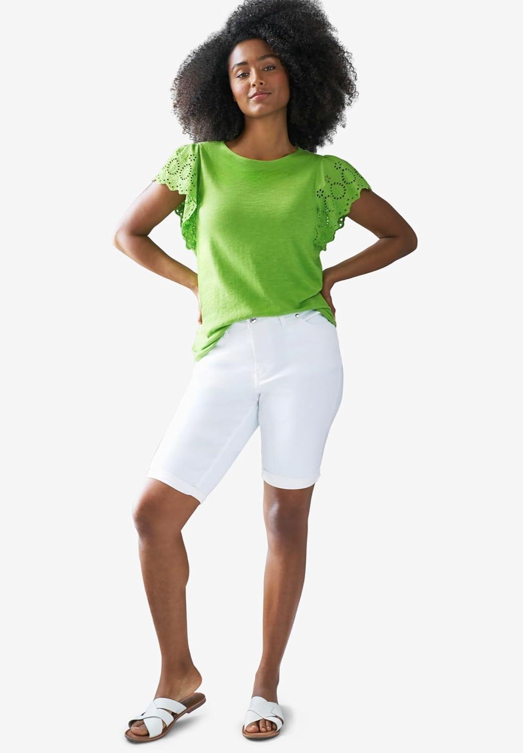 image:imageellos Plus Size MidRise Stretch Denim Bermuda ShortsLight Blue Sanded Distressed