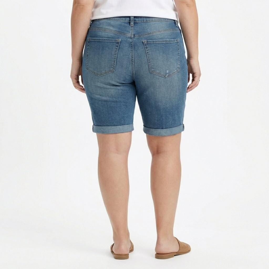 image:imageellos Plus Size MidRise Stretch Denim Bermuda ShortsMedium Sanded Distressed