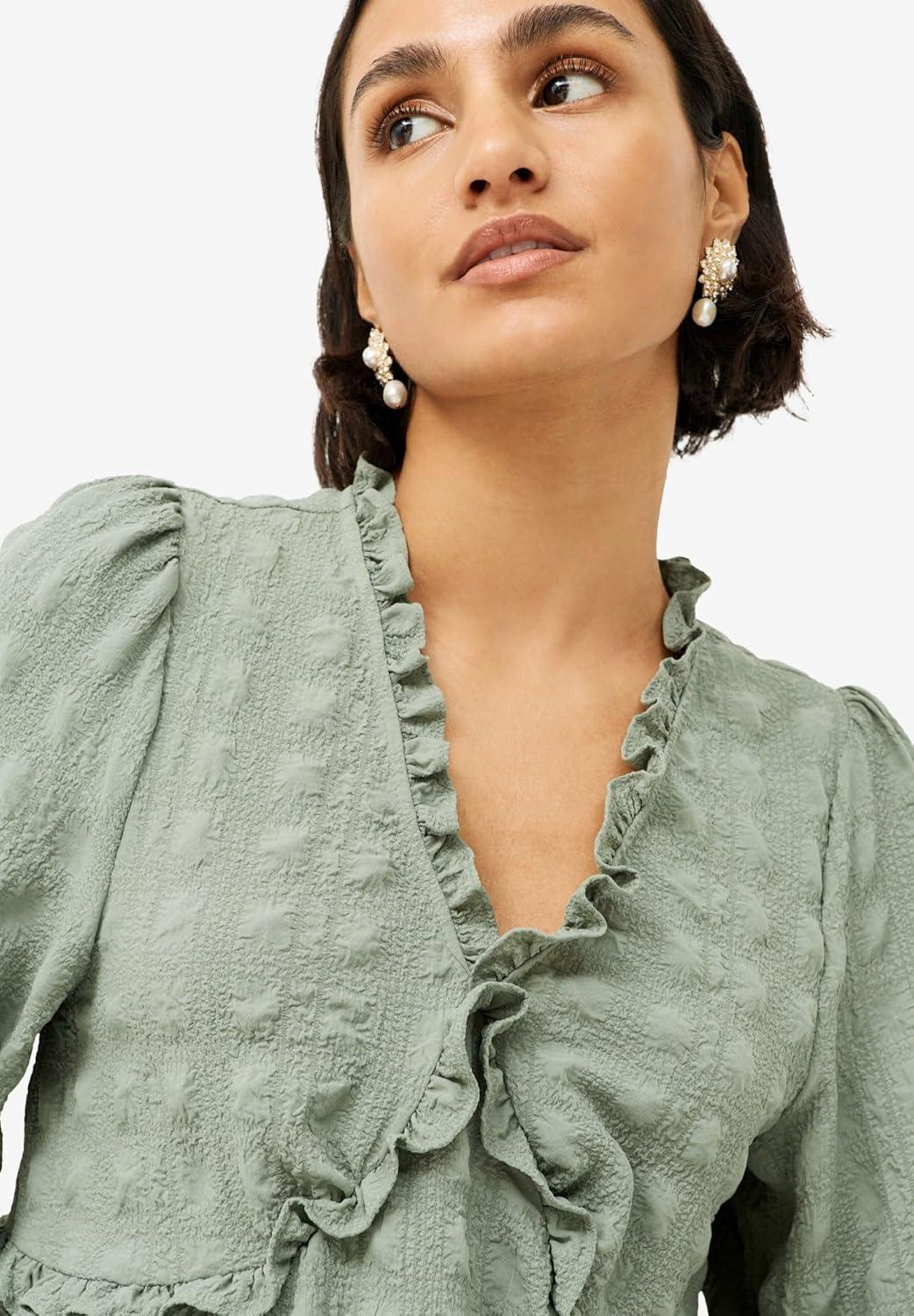 image:imageellos Plus Size Ruffle Trim VNeck Babydoll BlouseDesert Sage