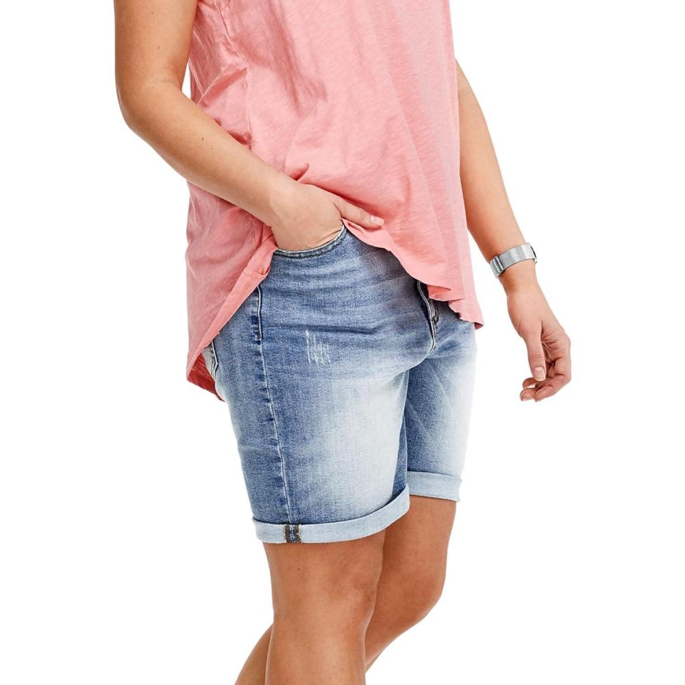 image:imageellos Plus Size MidRise Stretch Denim Bermuda ShortsLight Blue Sanded Distressed