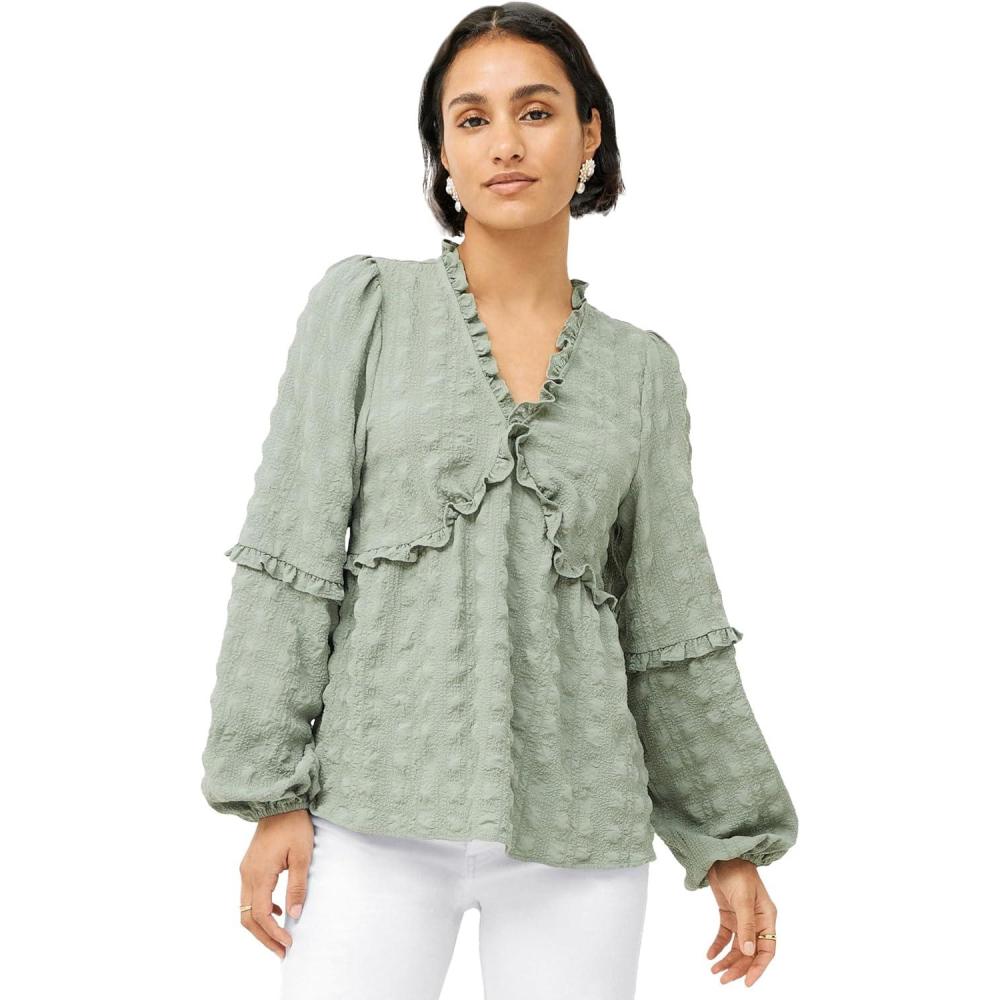 image:imageellos Plus Size Ruffle Trim VNeck Babydoll BlouseDesert Sage