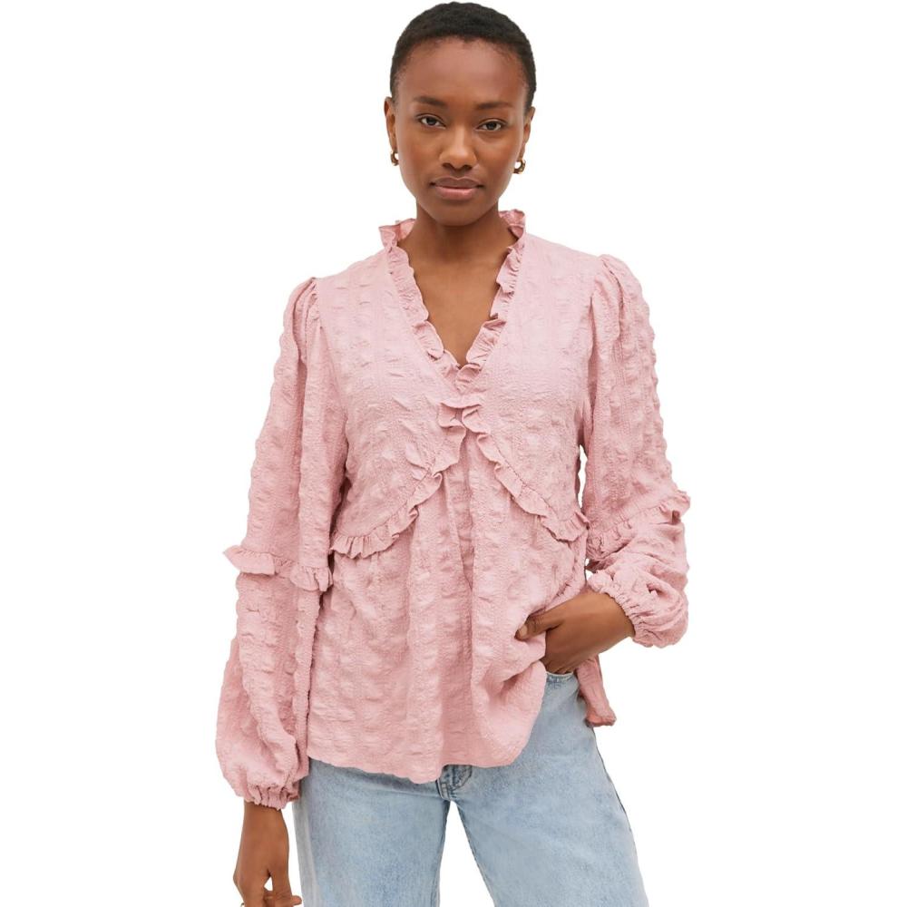 image:imageellos Plus Size Ruffle Trim VNeck Babydoll BlouseWood Rose Pink