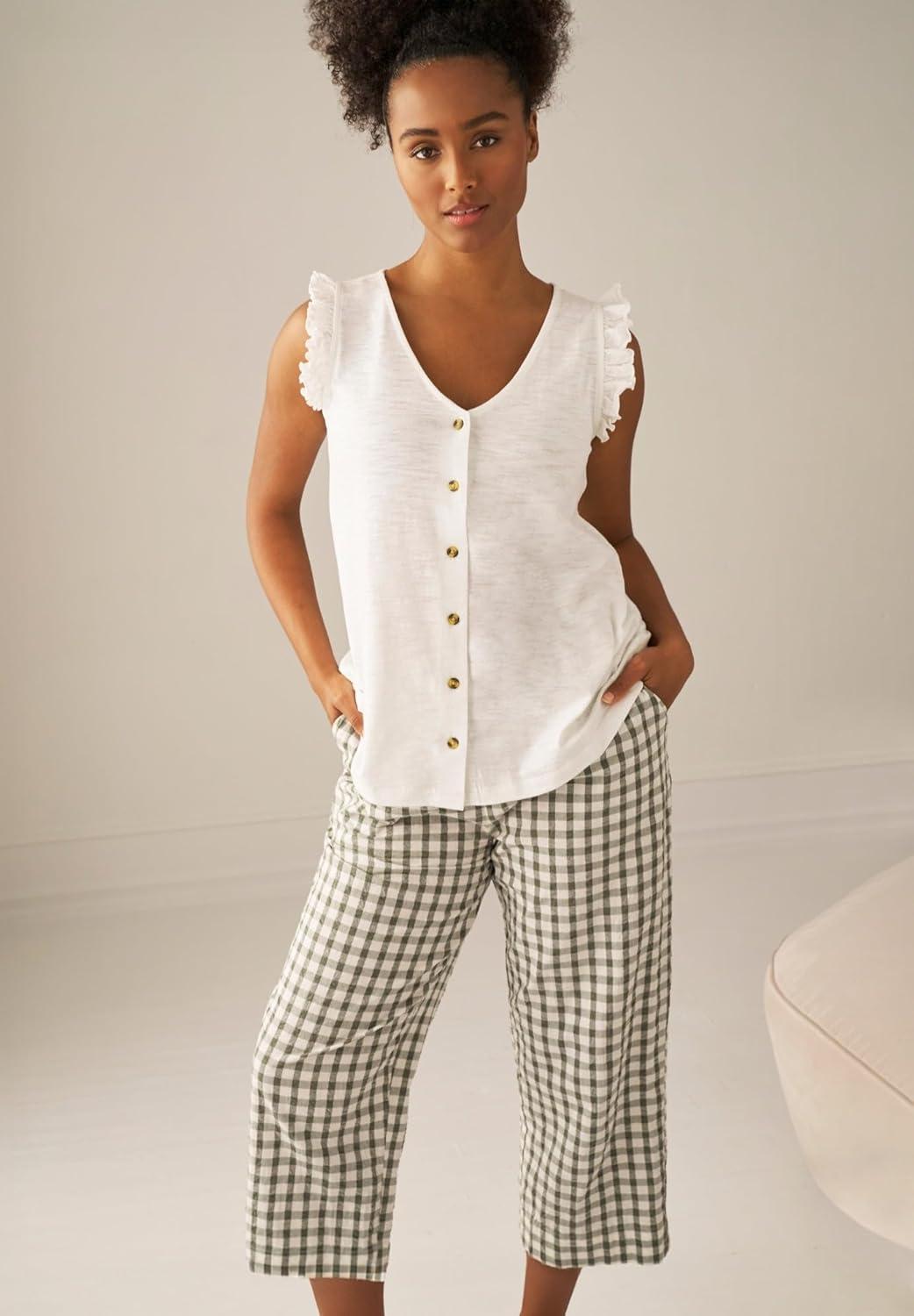 image:imageellos Plus Size 100 Cotton Wide Leg Gingham Seersucker Back Elastic Waist Crop PantsBlack White Gingham