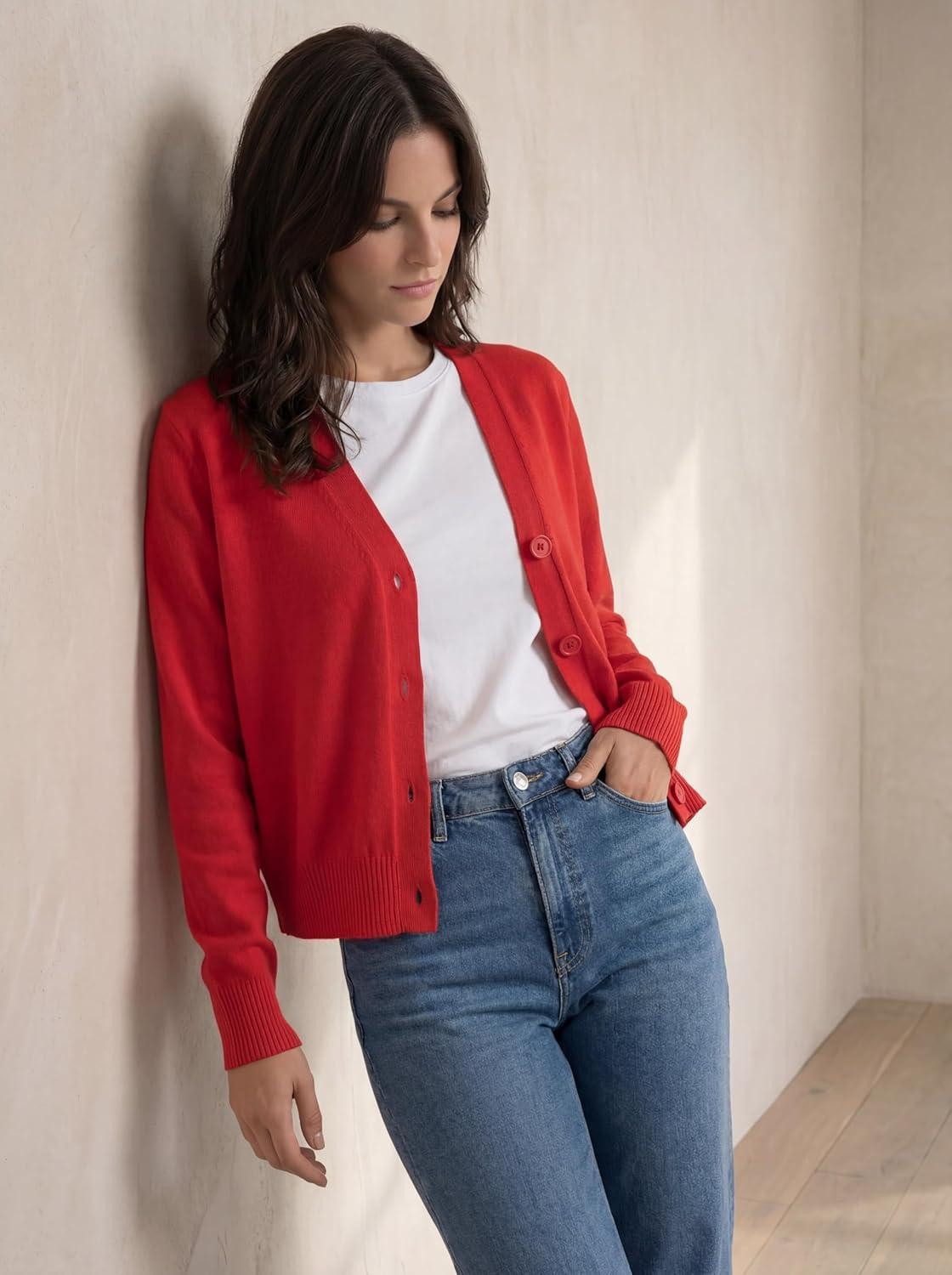 image:imageellos Plus Size Lightweight Fine Knit Relaxed VNeck Boxy CardiganHot Red
