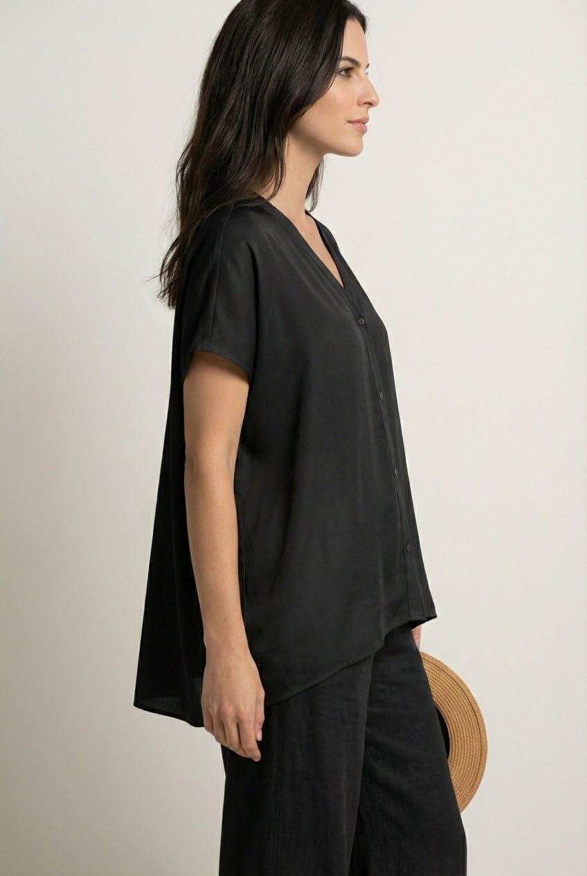 image:imageellos Plus Size LinenBlend VNeck ButtonFront Dolman Sleeve Oversized TunicBlack