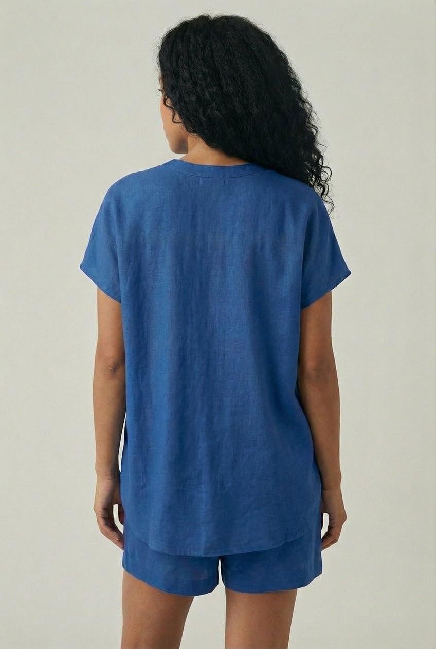 image:imageellos Plus Size LinenBlend VNeck ButtonFront Dolman Sleeve Oversized TunicDark Sapphire