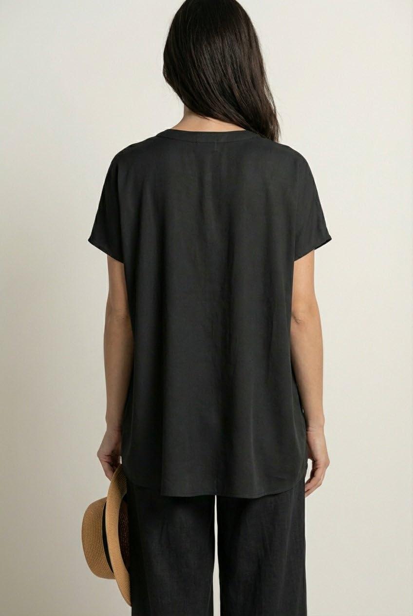 image:imageellos Plus Size LinenBlend VNeck ButtonFront Dolman Sleeve Oversized TunicDark Sapphire