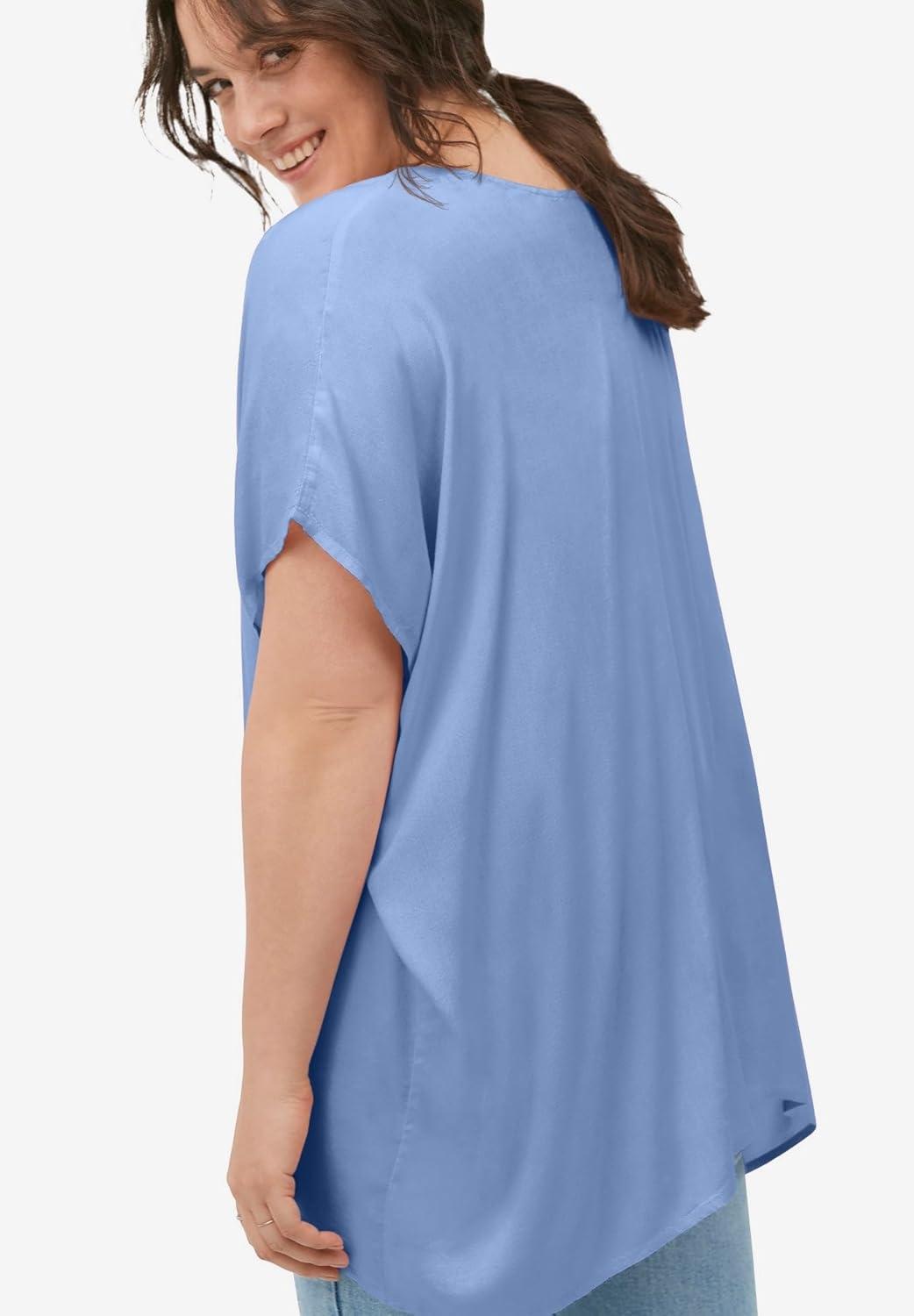 image:imageellos Plus Size LinenBlend VNeck ButtonFront Dolman Sleeve Oversized TunicDusty Cornflower