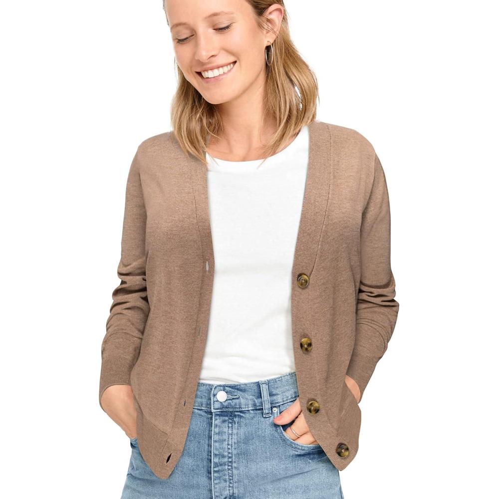 image:imageellos Plus Size Lightweight Fine Knit Relaxed VNeck Boxy CardiganBrown Sugar Heather