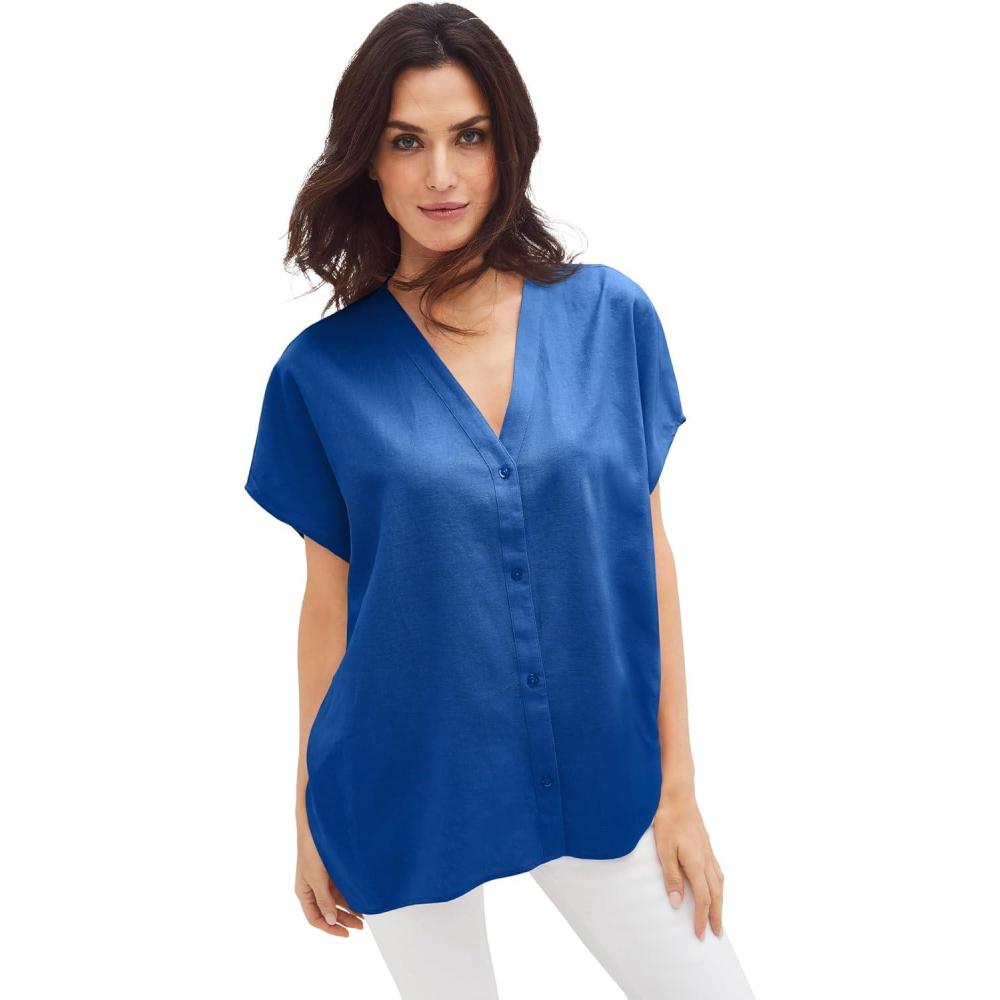 image:imageellos Plus Size LinenBlend VNeck ButtonFront Dolman Sleeve Oversized TunicDark Sapphire