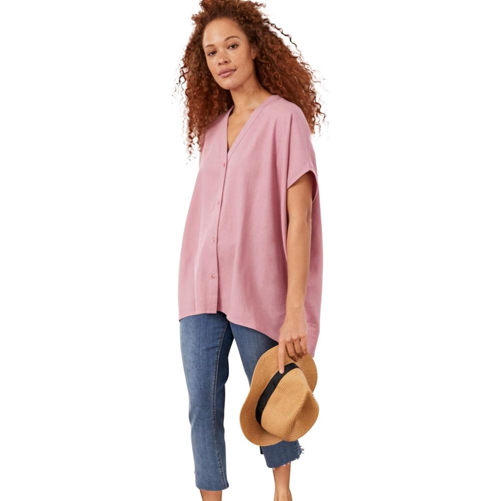 image:imageellos Plus Size LinenBlend VNeck ButtonFront Dolman Sleeve Oversized TunicDusty Pink