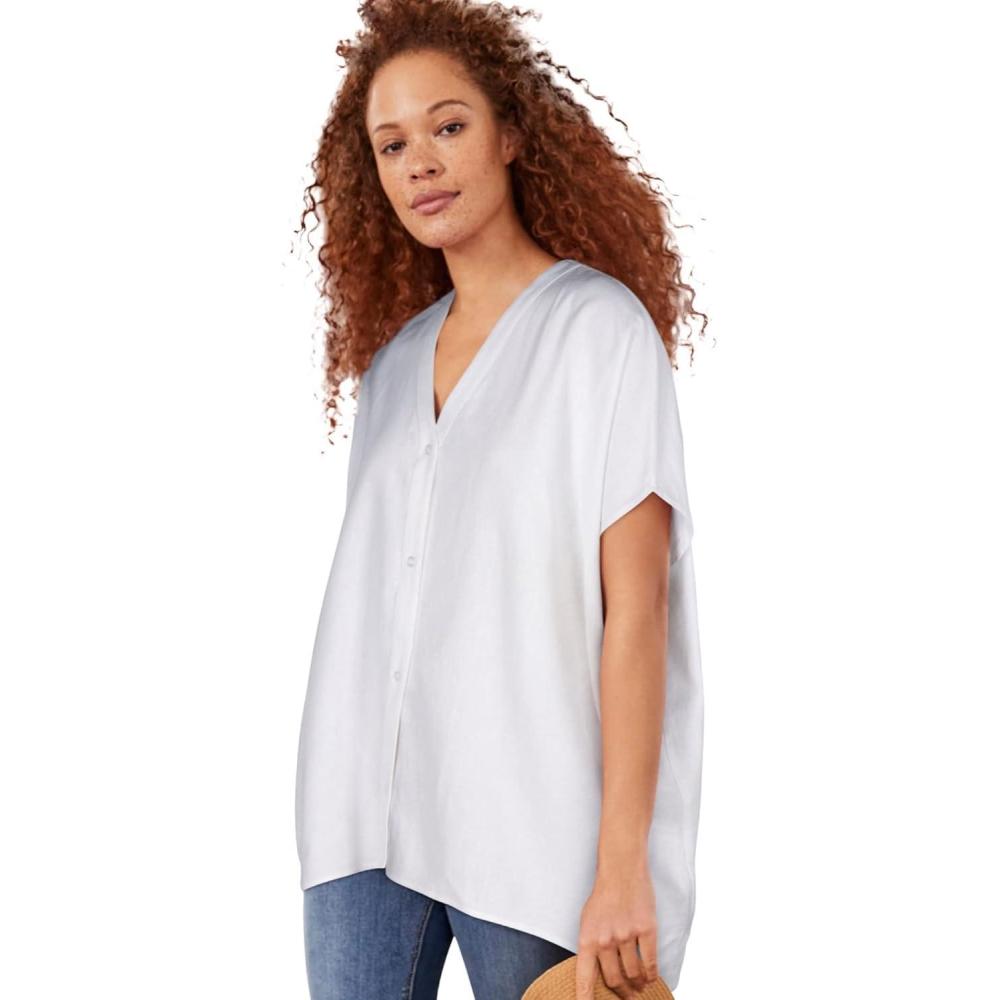 image:imageellos Plus Size LinenBlend VNeck ButtonFront Dolman Sleeve Oversized TunicWhite