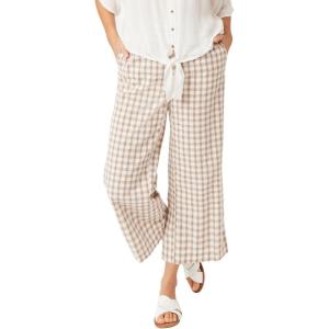 ellos Plus Size 100% Cotton Wide Leg Gingham Seersucker Back Elastic Waist Crop Pants(Brown Sugar Ivory Gingham)